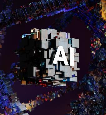 AI logo place on abstract blocks on a futuristic background of strings