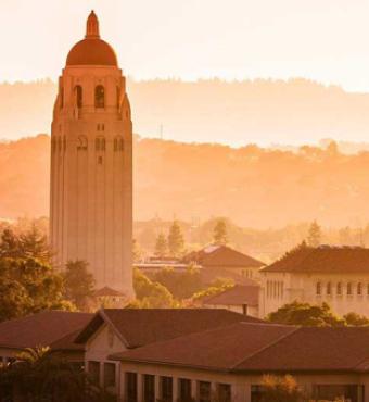 Stanford campus with view of  Hoover Tower and surrounding buildings