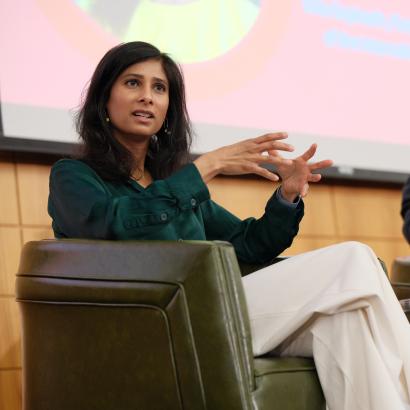 IMF First Managing Deputy Director Gita speaks about risks to global trade and the eroding dominance of the US dollar at Stanford University on May 7, 2024. (Ryan Zhang)