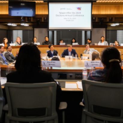 Scholars are seen discussing Taiwan’s future at the Hoover Institution on May 23, 2024. 