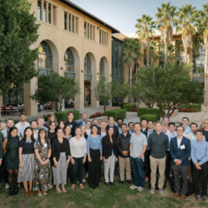 Participants in the 2024 Implications of Remote Work Conference pose in front of Stanford’s Institute for Economic Policy Research (SIEPR) on October 9, 2024. (Ryan Zhang)