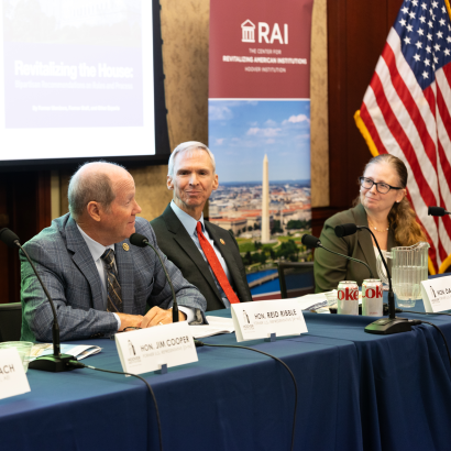 (From left to right) former House Representatives Jim Cooper, Reid Ribble and Dan Lipinski are seen with Center for Revitalizing American Institutions Director Brandice Canes-Wrone at the release of the Revitalizing the House report on Capitol Hill on September 17, 2024.