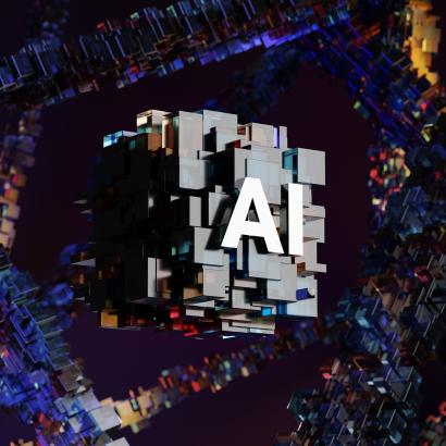 AI logo place on abstract blocks on a futuristic background of strings