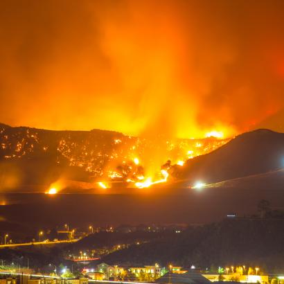 Night long exposure photograph of wildfire stock photo