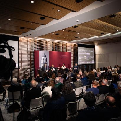 Attendees of the inaugural George P. Shultz Lecture on Human Rights are seen in Shultz Auditorium on February 12, 2025. (Patrick Beaudouin)