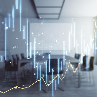 Double exposure of abstract creative financial chart hologram on a modern meeting room background, research and strategy concept stock photo