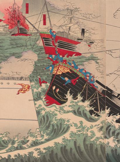 Detail image of the Japanese woodblock print byUtagawa Kunitora II  titled Great Victory for Our Navy Near Haiyang Island, 1894