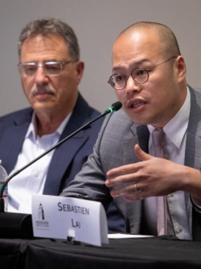 Sebastien Lai, son of imprisoned Hong Kong democracy activist and newspaper publisher Jimmy Lai, speaks at the Hoover Institution on May 14, 2024.