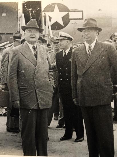 TV Soong greets Herbert Hoover at the Nanking airport, May 1946