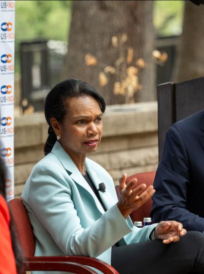 Hoover Institution Director Condoleezza Rice appears on a panel with NDTV’s Maha Siddique and former Cisco Chairman John Chambers at the INDUS-X Summit at Stanford on September 10, 2024. ((US-India Strategic Partnership Forum)