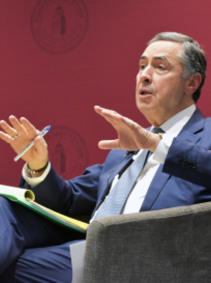 Brazilian Supreme Federal Court President Justice Luís Roberto Barroso speaks about his experience defending Brazil’s electoral system during a public question and answer session at the Hoover Institution on September 23, 2024. 