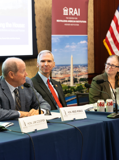 (From left to right) former House Representatives Jim Cooper, Reid Ribble and Dan Lipinski are seen with Center for Revitalizing American Institutions Director Brandice Canes-Wrone at the release of the Revitalizing the House report on Capitol Hill on September 17, 2024.