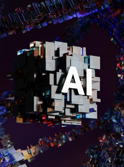 AI logo place on abstract blocks on a futuristic background of strings