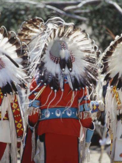 Rear view of chief's headresses. - stock photo