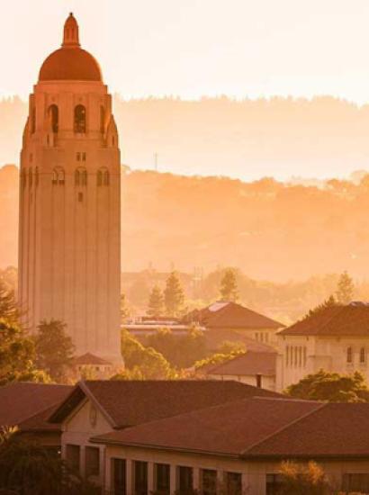 Stanford campus with view of  Hoover Tower and surrounding buildings