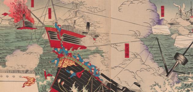 Detail image of the Japanese woodblock print byUtagawa Kunitora II  titled Great Victory for Our Navy Near Haiyang Island, 1894