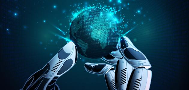 Robotic Hand Holding Virtual Globe stock illustration