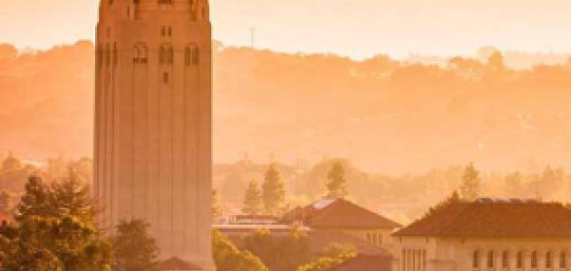 Stanford campus with view of  Hoover Tower and surrounding buildings