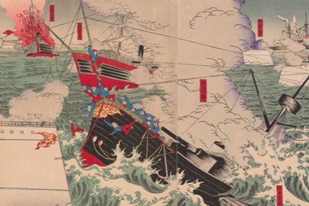 Detail image of the Japanese woodblock print byUtagawa Kunitora II  titled Great Victory for Our Navy Near Haiyang Island, 1894