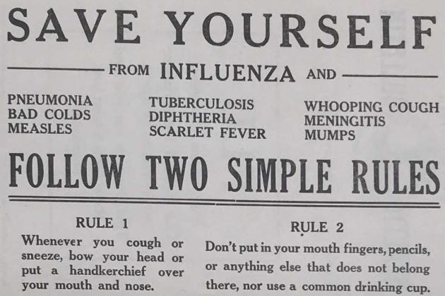 cropped photo scan of pamphlet from the Virginia Health Bulletin September 1919 Save Yourself from Influenza