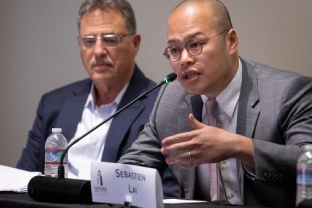Sebastien Lai, son of imprisoned Hong Kong democracy activist and newspaper publisher Jimmy Lai, speaks at the Hoover Institution on May 14, 2024.