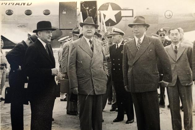 TV Soong greets Herbert Hoover at the Nanking airport, May 1946