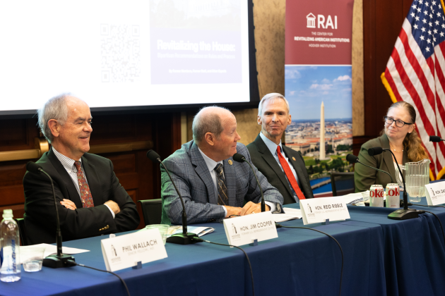 (From left to right) former House Representatives Jim Cooper, Reid Ribble and Dan Lipinski are seen with Center for Revitalizing American Institutions Director Brandice Canes-Wrone at the release of the Revitalizing the House report on Capitol Hill on September 17, 2024.