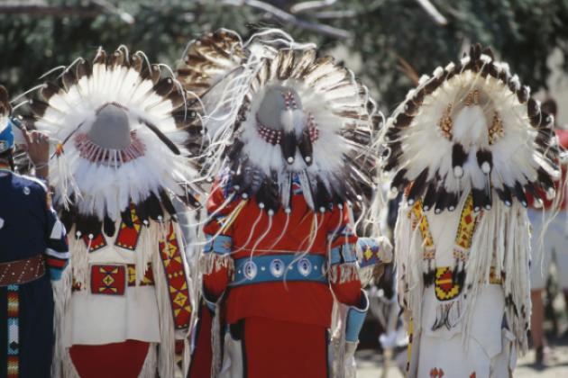 Rear view of chief's headresses. - stock photo