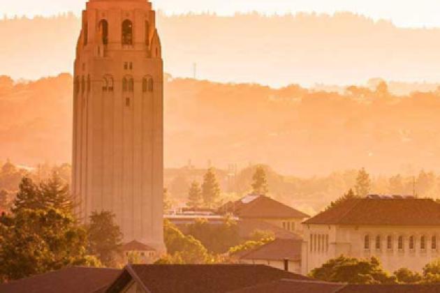 Stanford campus with view of  Hoover Tower and surrounding buildings