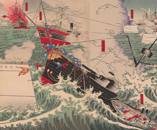 Detail image of the Japanese woodblock print byUtagawa Kunitora II  titled Great Victory for Our Navy Near Haiyang Island, 1894