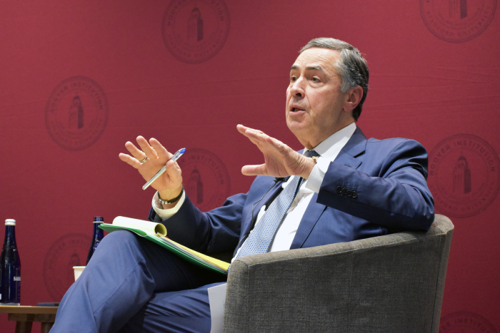 Brazilian Supreme Federal Court President Justice Luís Roberto Barroso speaks about his experience defending Brazil’s electoral system during a public question and answer session at the Hoover Institution on September 23, 2024. 