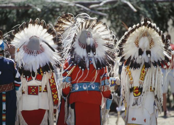 Rear view of chief's headresses. - stock photo