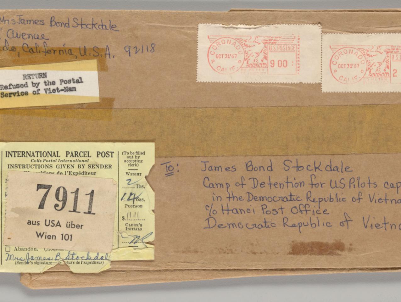 Stamped brown envelope from Sybil Stockdale to James B. Stockdale