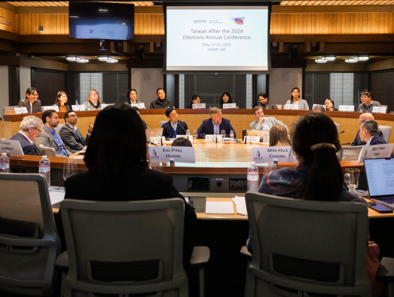 Scholars are seen discussing Taiwan’s future at the Hoover Institution on May 23, 2024. 