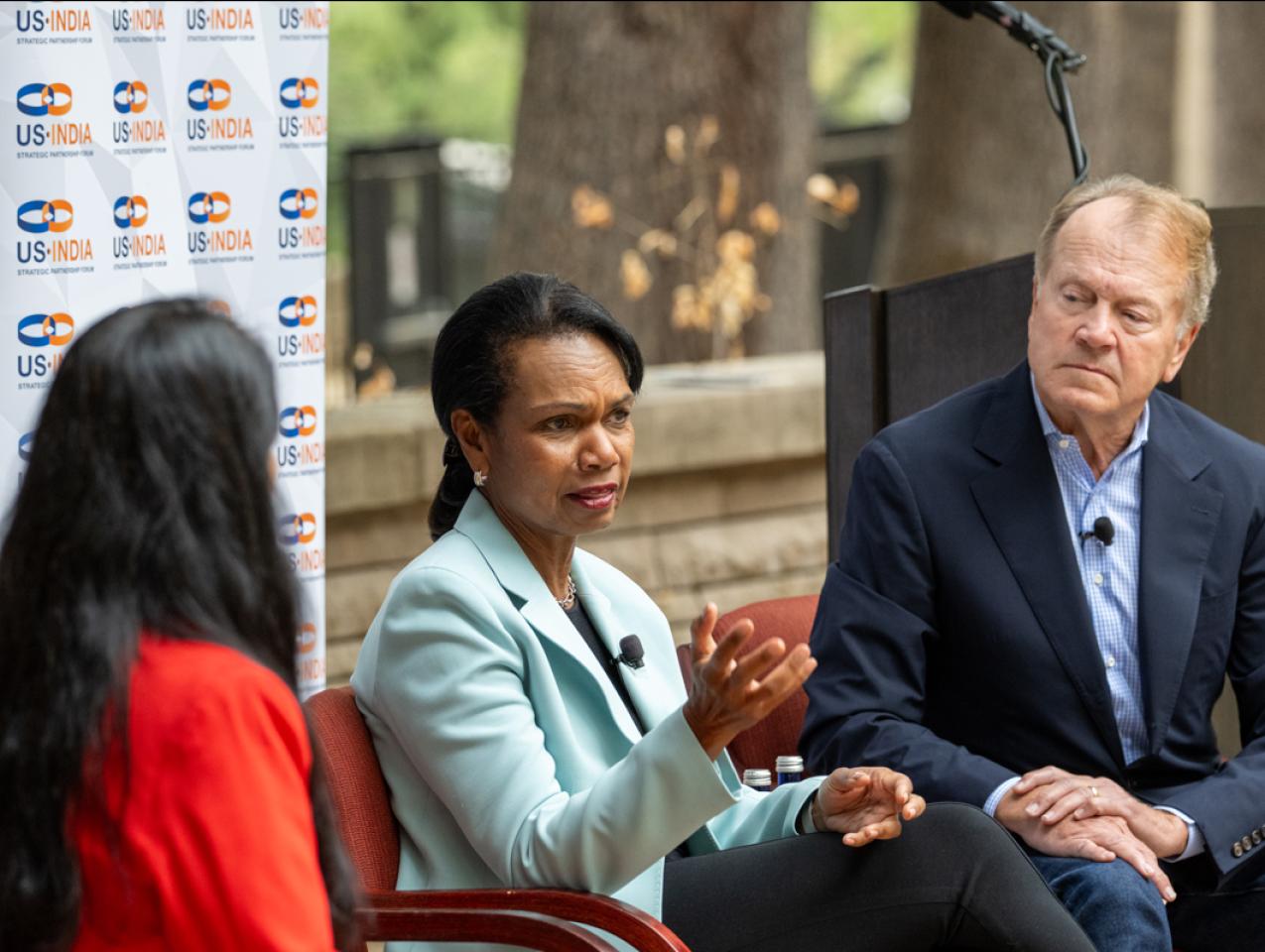 Hoover Institution Director Condoleezza Rice appears on a panel with NDTV’s Maha Siddique and former Cisco Chairman John Chambers at the INDUS-X Summit at Stanford on September 10, 2024. ((US-India Strategic Partnership Forum)