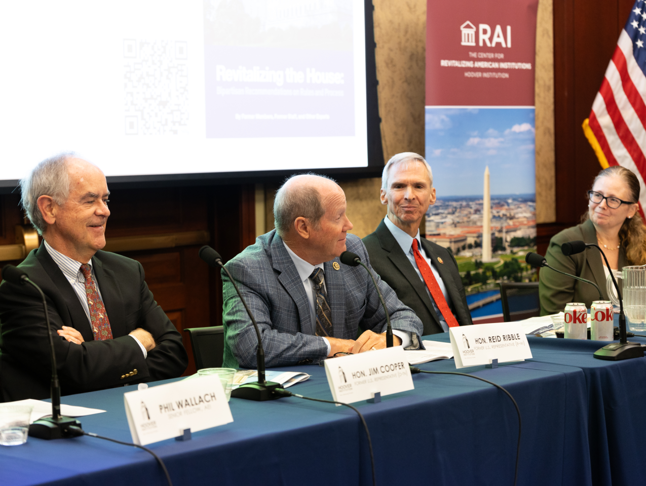 (From left to right) former House Representatives Jim Cooper, Reid Ribble and Dan Lipinski are seen with Center for Revitalizing American Institutions Director Brandice Canes-Wrone at the release of the Revitalizing the House report on Capitol Hill on September 17, 2024.