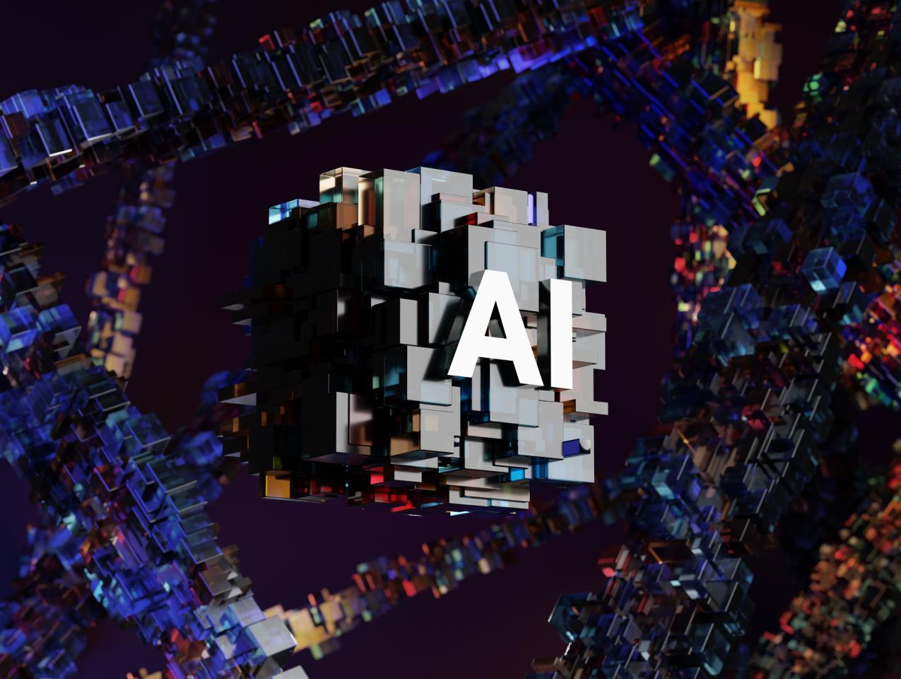 AI logo place on abstract blocks on a futuristic background of strings