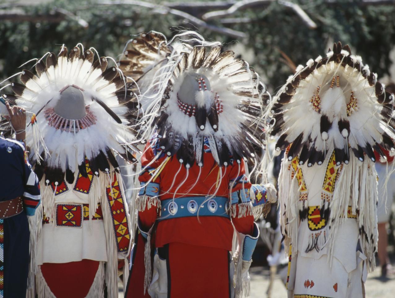 Rear view of chief's headresses. - stock photo