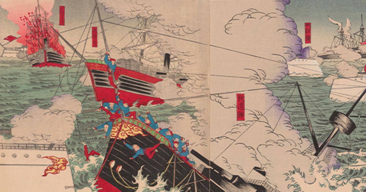 Detail image of the Japanese woodblock print byUtagawa Kunitora II  titled Great Victory for Our Navy Near Haiyang Island, 1894