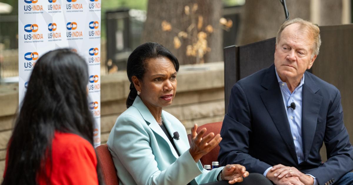 Hoover Institution Director Condoleezza Rice appears on a panel with NDTV’s Maha Siddique and former Cisco Chairman John Chambers at the INDUS-X Summit at Stanford on September 10, 2024. ((US-India Strategic Partnership Forum)