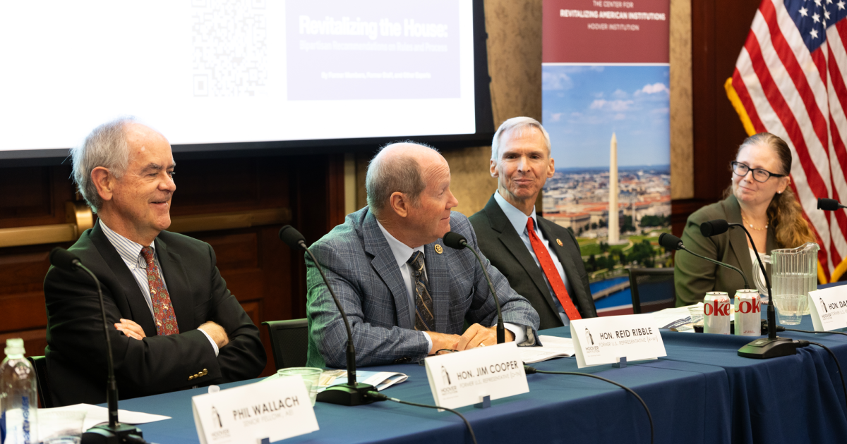 (From left to right) former House Representatives Jim Cooper, Reid Ribble and Dan Lipinski are seen with Center for Revitalizing American Institutions Director Brandice Canes-Wrone at the release of the Revitalizing the House report on Capitol Hill on September 17, 2024.