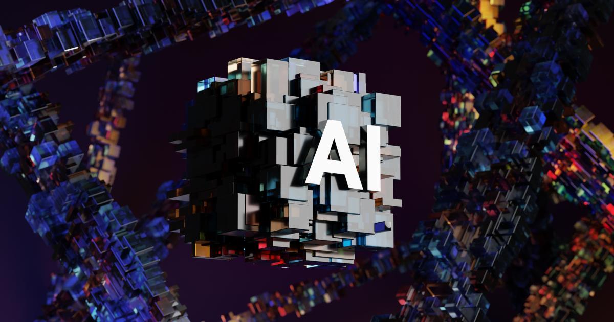 AI logo place on abstract blocks on a futuristic background of strings