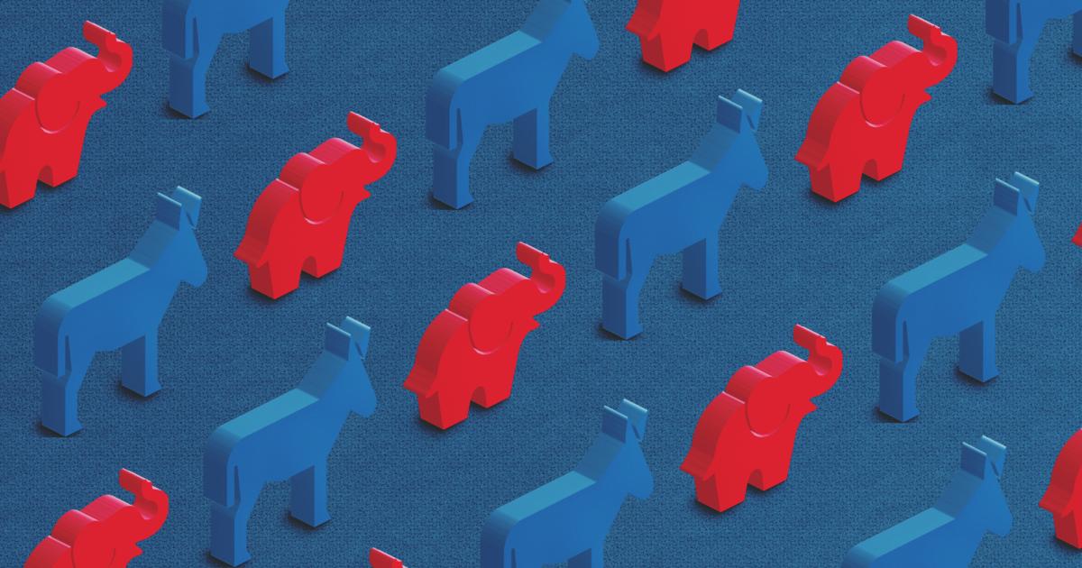 Democratic Blue Donkey and Republican Red Elephant - stock photo