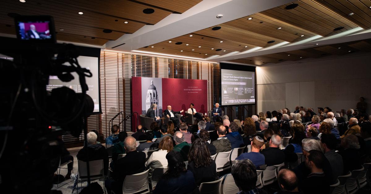 Attendees of the inaugural George P. Shultz Lecture on Human Rights are seen in Shultz Auditorium on February 12, 2025. (Patrick Beaudouin)