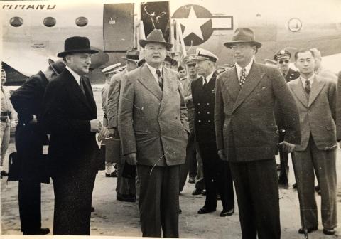 TV Soong greets Herbert Hoover at the Nanking airport, May 1946