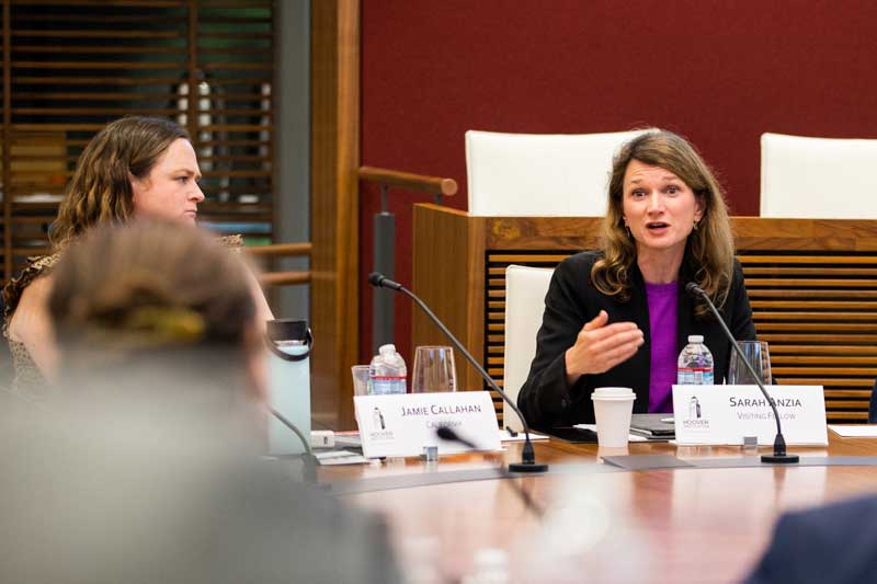 Visiting Fellow Sarah Anzia speaks to attendees of the State and Local Leadership Forum about public pension sustainability on May 21, 2024.