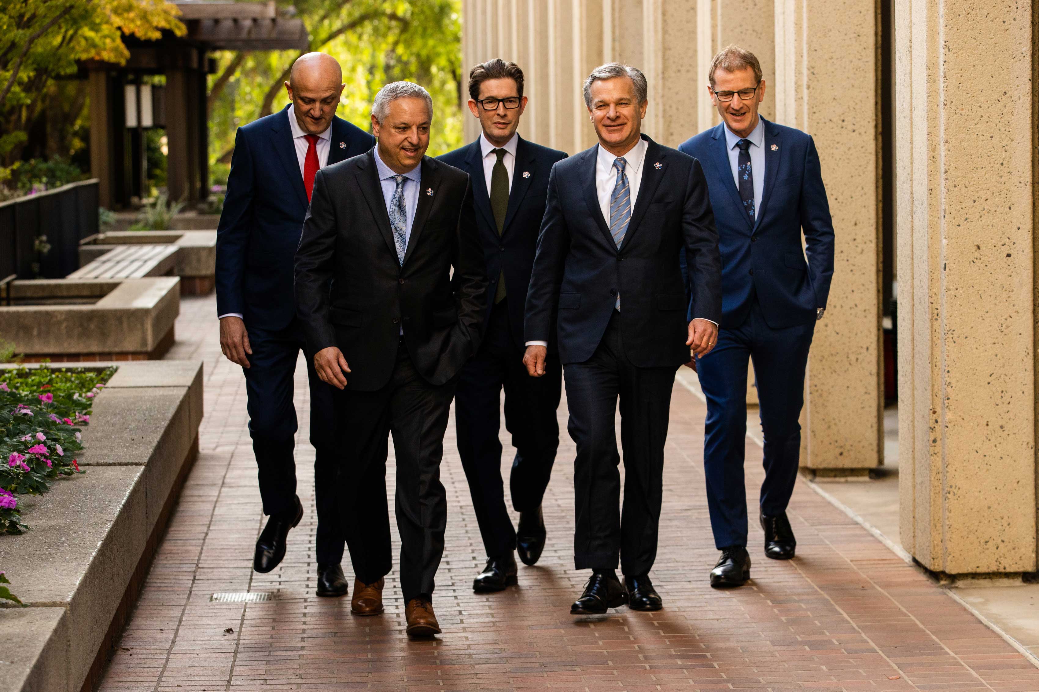 Director The heads of the “Five Eyes” intelligence services, (left to right) Christopher Wray (FBI), Ken McCallum (MI5), Michael Burgess (Australian Security Intelligence Organisation), David Vigneault (Canadian Security Intelligence Service), and Andrew Hampton (New Zealand Security Intelligence Service) visit the Hoover campus on October 17, 2023.