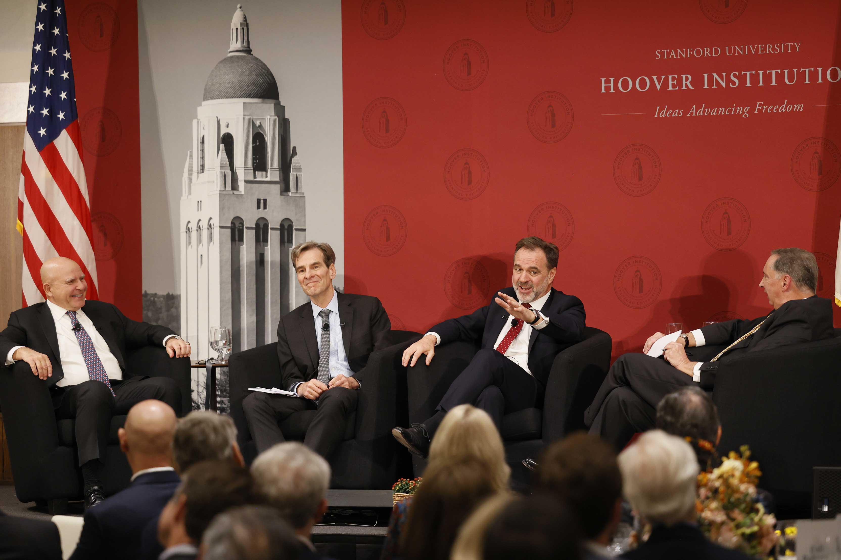 A live-taping of GoodFellows with senior fellows (left to right) H.R. McMaster, John Cochrane, and Niall Ferguson and the show’s moderator, Policy Fellow Bill Whalen, at the Fall 2023 Retreat.