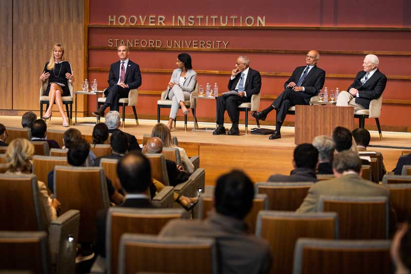 Left to right: Visiting Fellow Anja Manuel, Ambassador Eric Garcetti, Director Condoleezza Rice, M. K. Narayanan, Shivshankar Menon, and Ambassador David Mulford speak about the path to the 2008 US-India Civil Nuclear Agreement at the Hoover Institution on May 6, 2024.