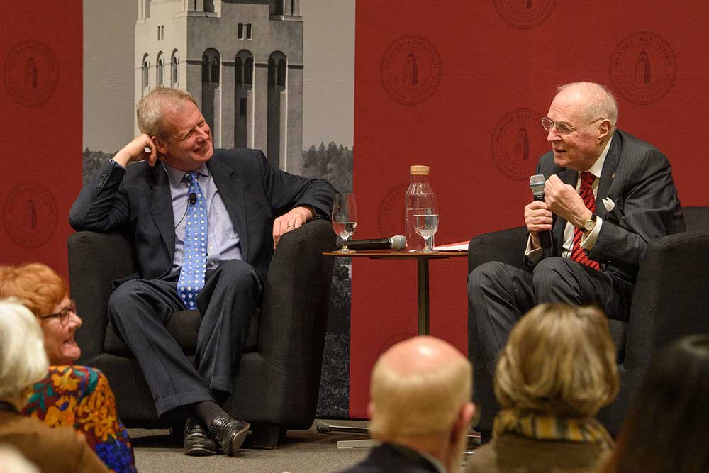 Justice Anthony Kennedy (right) in conversation with Eugene Volokh at the RAI launch on November 30, 2023.